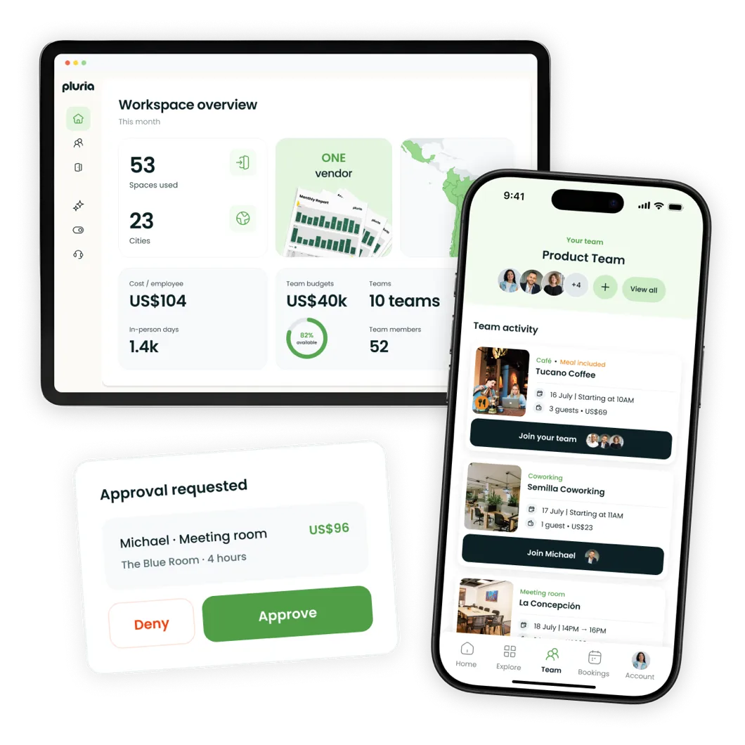 Pluria workspace overview with company metrics, booking approvals, and nearby spaces